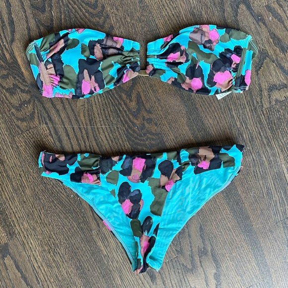 Touche Printed Bandeau Bikini Gold Hardware, Watercolor Aqua Magenta Size Medium - Picture 1 of 9